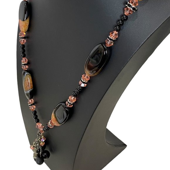 (4-111) NWOT Black & Orange Druzy Agate Long Necklace - One of a Kind - Handmade - Picture 3 of 9